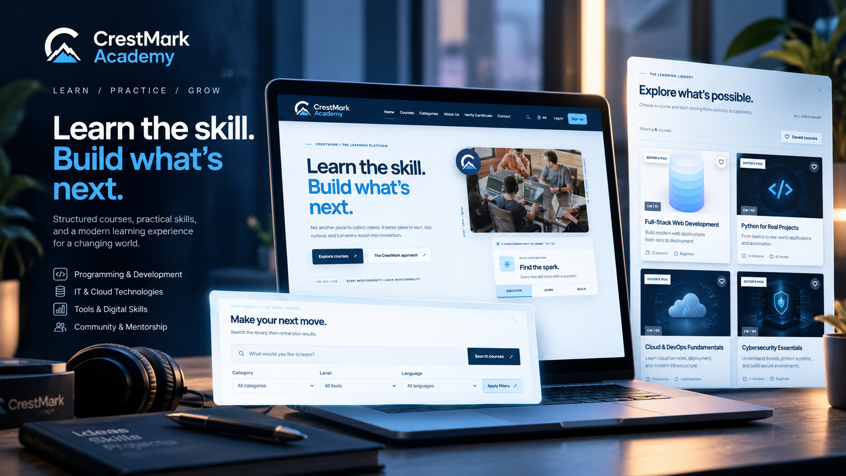 CrestMark Academy learning platform shown across desktop and web interfaces