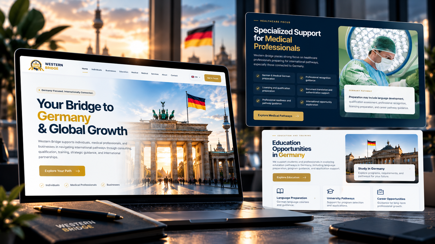 Western Bridge multilingual website project shown on digital screens